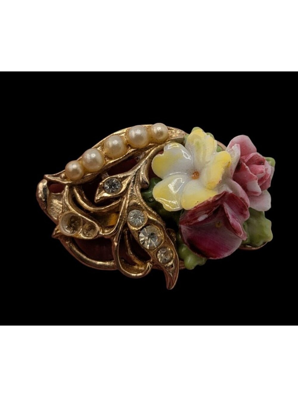 Vintage Coro Floral Brooch Ceramic Flower Rhinestone Faux Pearl Gold Tone Rainbo
